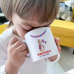 Personalised Kids Coronation mug with name, BABY KIDS Union Jack Peter Rabbit gift for boy girl