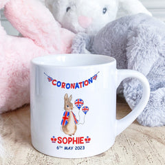 Personalised Kids Coronation mug with name, BABY KIDS Union Jack Peter Rabbit gift for boy girl
