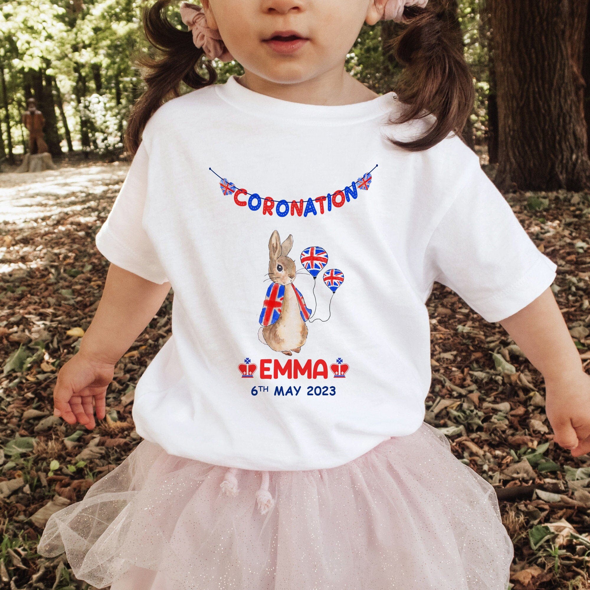 Personalised Kids Coronation t-shirt with name, BABY KIDS Union Jack Peter Rabbit Party outfit