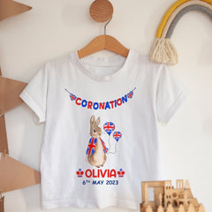 Personalised Kids Coronation t-shirt with name, BABY KIDS Union Jack Peter Rabbit Party outfit