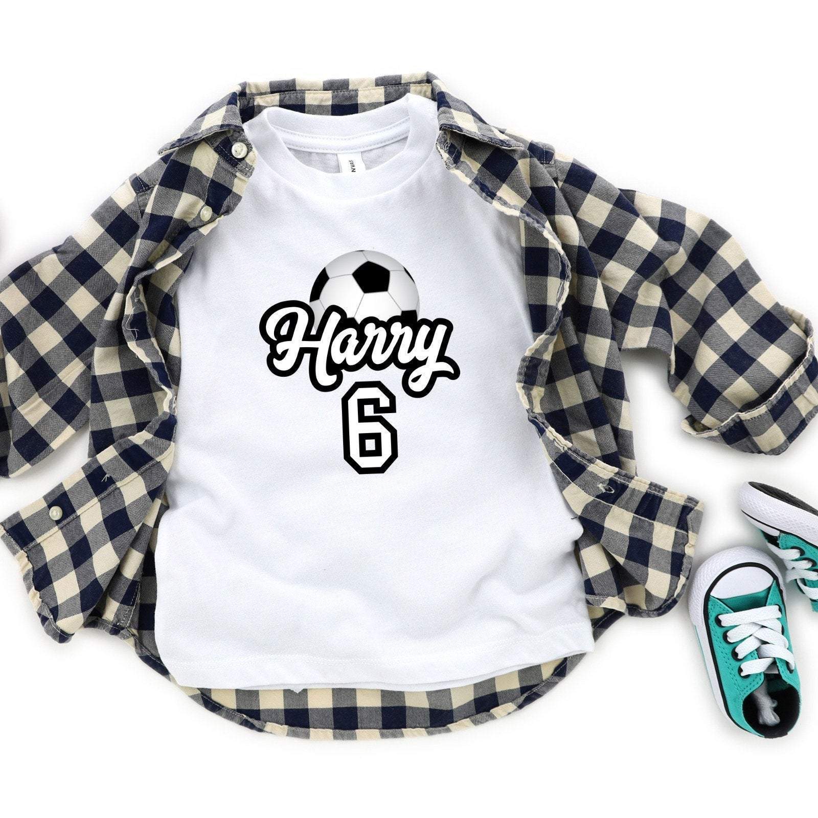 Personalised kids football themed birthday t-shirt, childrens top, boys t-shirt