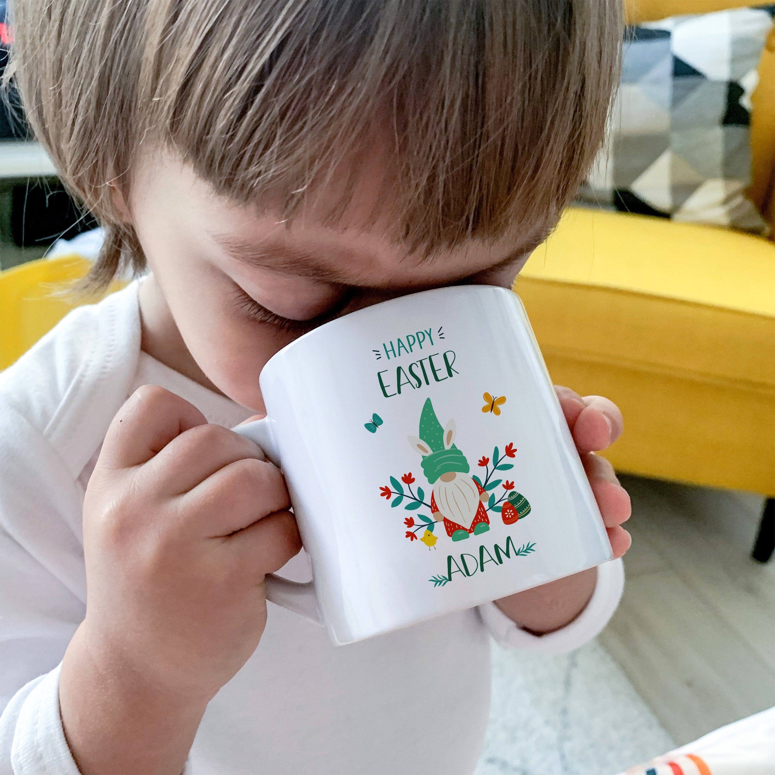 Personalised Kids Gnome Mug with name, 6oz Cute Floral First Easter Mug, Christmas Birthday Gift For Children's