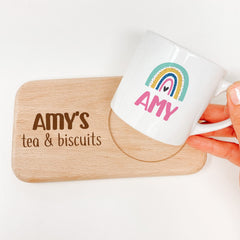 Personalised Kids Mug and Board with Child's Name Unicorn Astronaut Dinosaur Rainbow design
