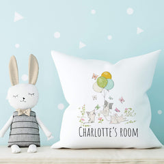Personalised Kids room cushion with name, Kitten and balloons, Nursery decor, Children's Kids Cushion Cover