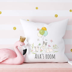 Personalised Kids room cushion with name, Kitten and balloons, Nursery decor, Children's Kids Cushion Cover