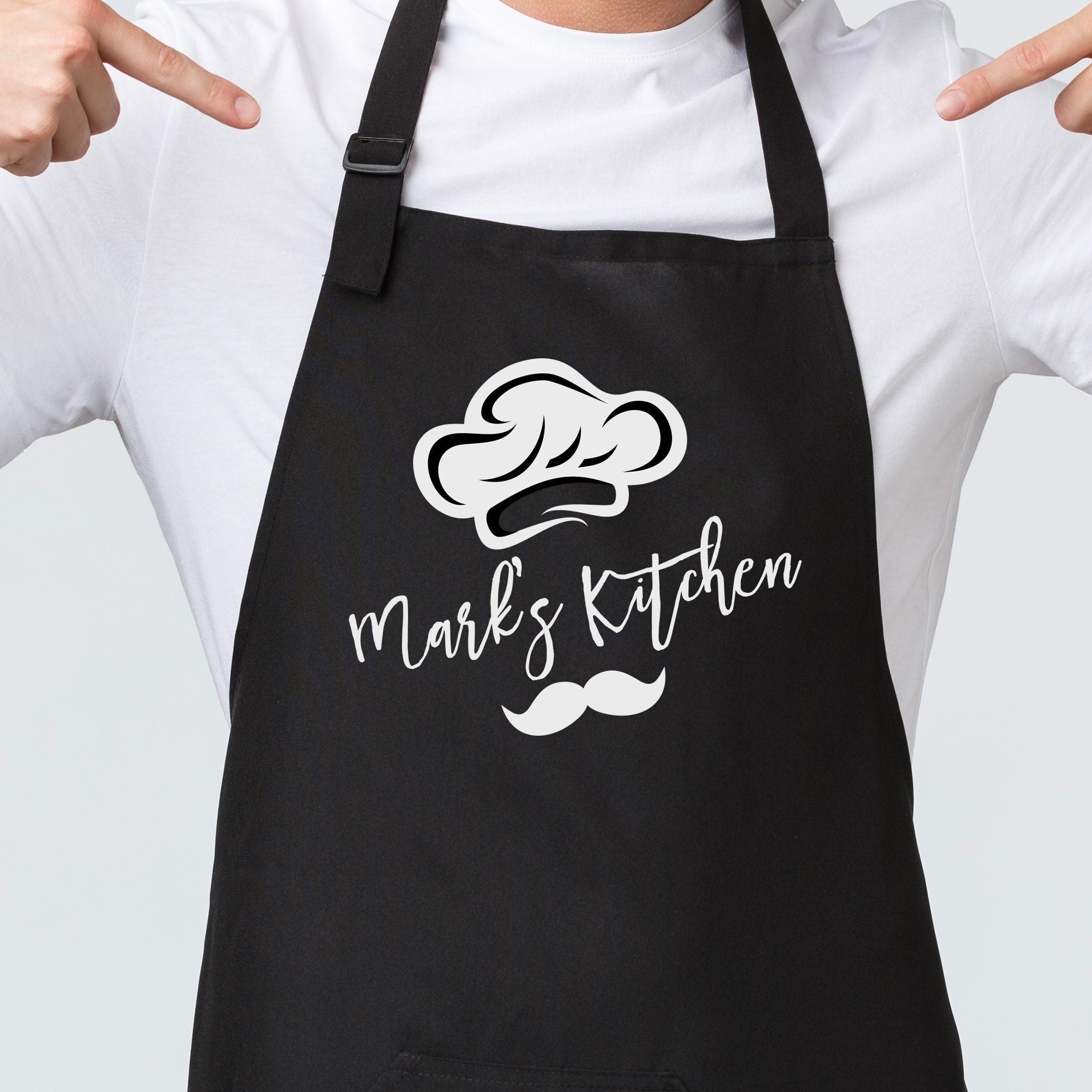 Personalised kitchen apron for men with name chef hat moustache, Gift for Him