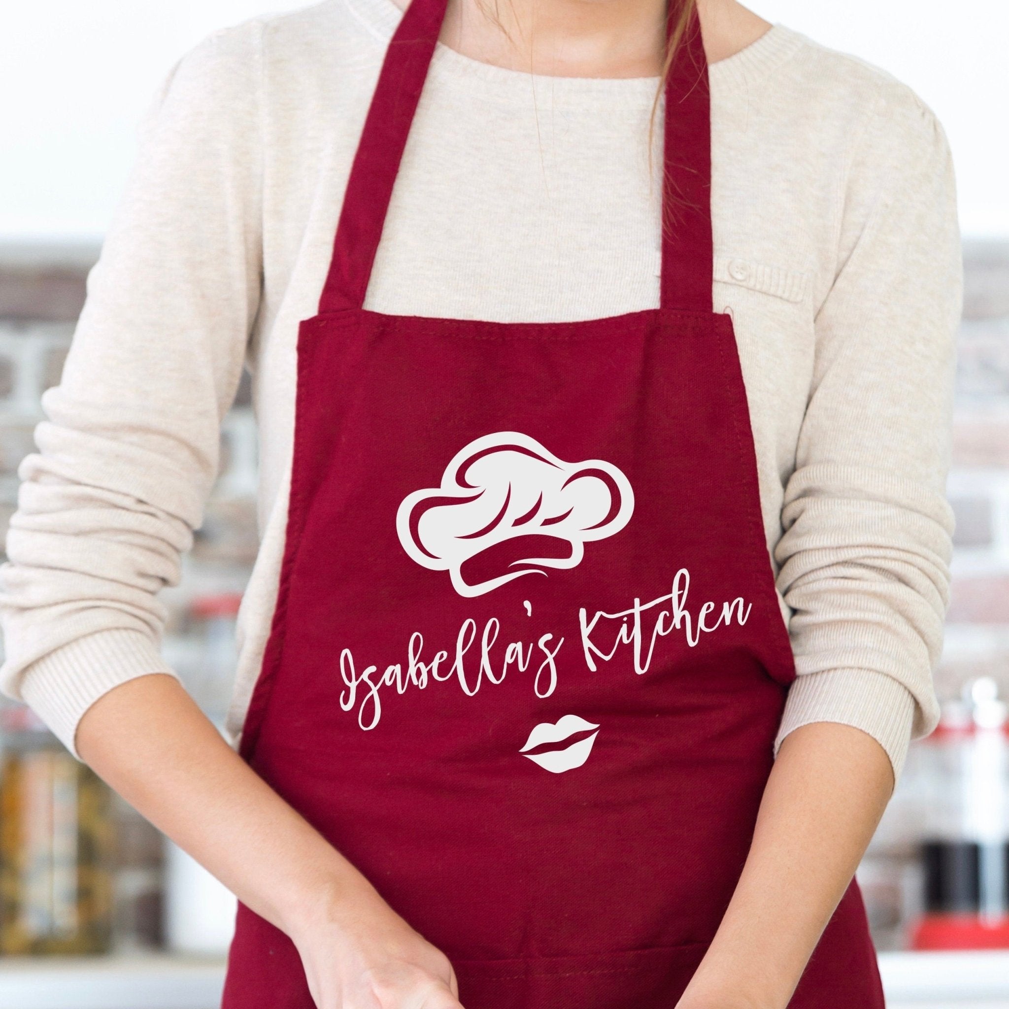Personalised kitchen apron for woman with name chef hat lips, Gift for Her
