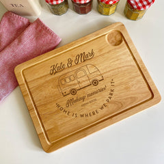 Personalised Laser Engraved Campervan Wooden Chopping Board, New Caravan Couple Accessories Camping