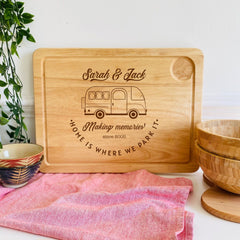 Personalised Laser Engraved Campervan Wooden Chopping Board, New Caravan Couple Accessories Camping