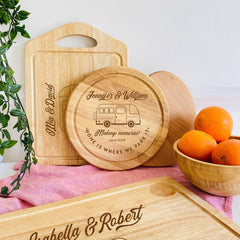 Personalised Laser Engraved Campervan Wooden Chopping Board, New Caravan Couple Accessories Camping