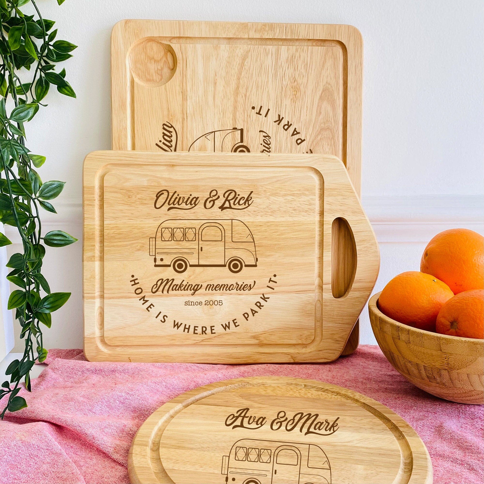 Personalised Laser Engraved Campervan Wooden Chopping Board, New Caravan Couple Accessories Camping