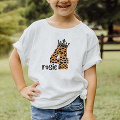 Personalised Leopard and Crown Kids Birthday T-shirt, Birthday Boy Girl T shirt Top, Gift Cute Themed