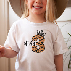 Personalised Leopard and Crown Kids Birthday T-shirt, Birthday Boy Girl T shirt Top, Gift Cute Themed