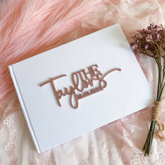 Personalised Linen Cover Wedding Guest Book With Wooden Text, Engagement Anniversary Keepsake Wood Decor