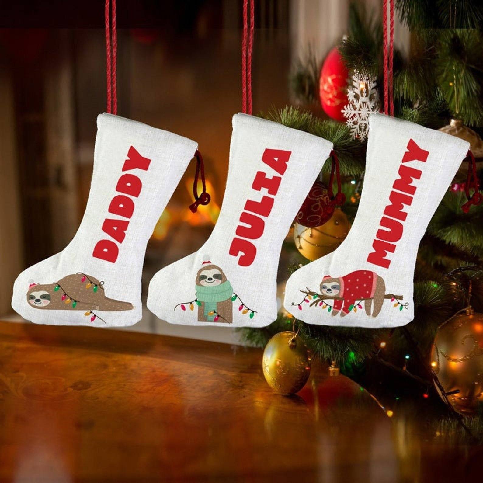 Personalised Linen Family Christmas Stocking with sloths