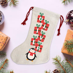 Personalised Linen Kids Christmas Stocking with penguin