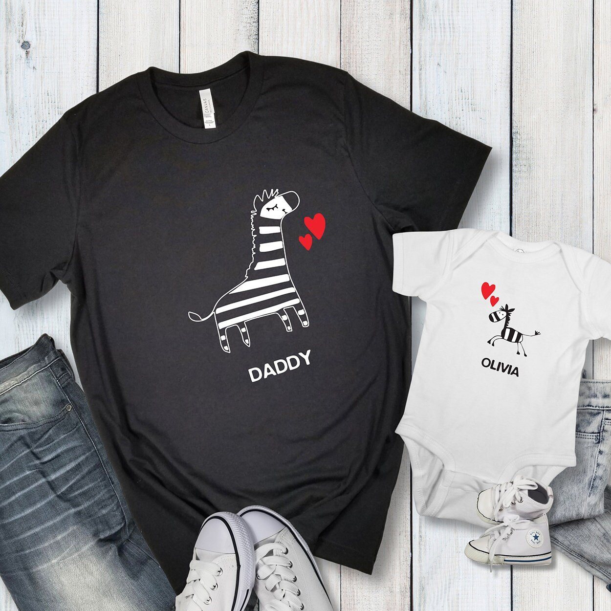 Personalised Matching Dad and baby zebra t-shirt, QTY 1, Father's Day gift with names