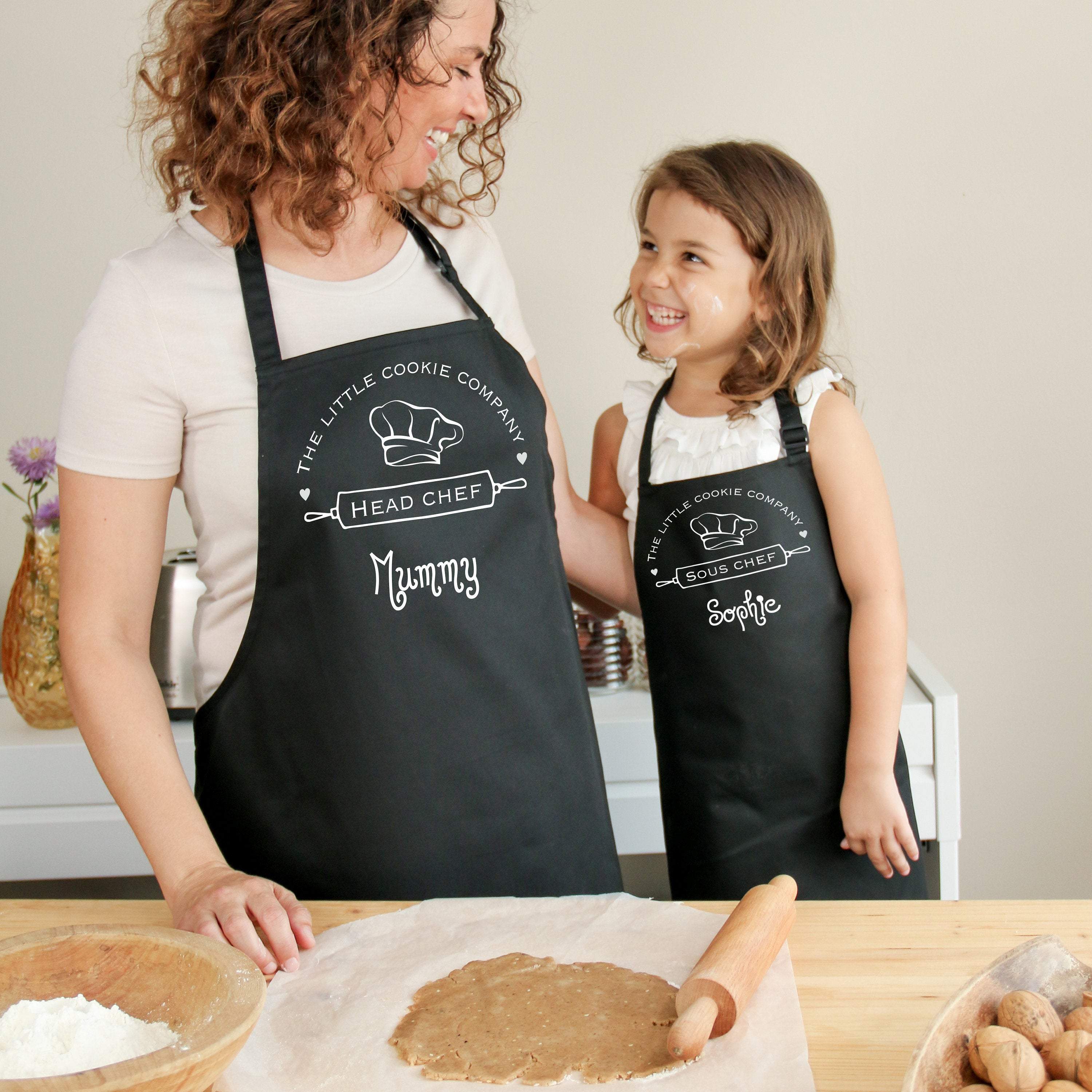 Personalised matching family apron with names, Head chef, sous chef mum and daughter aprons