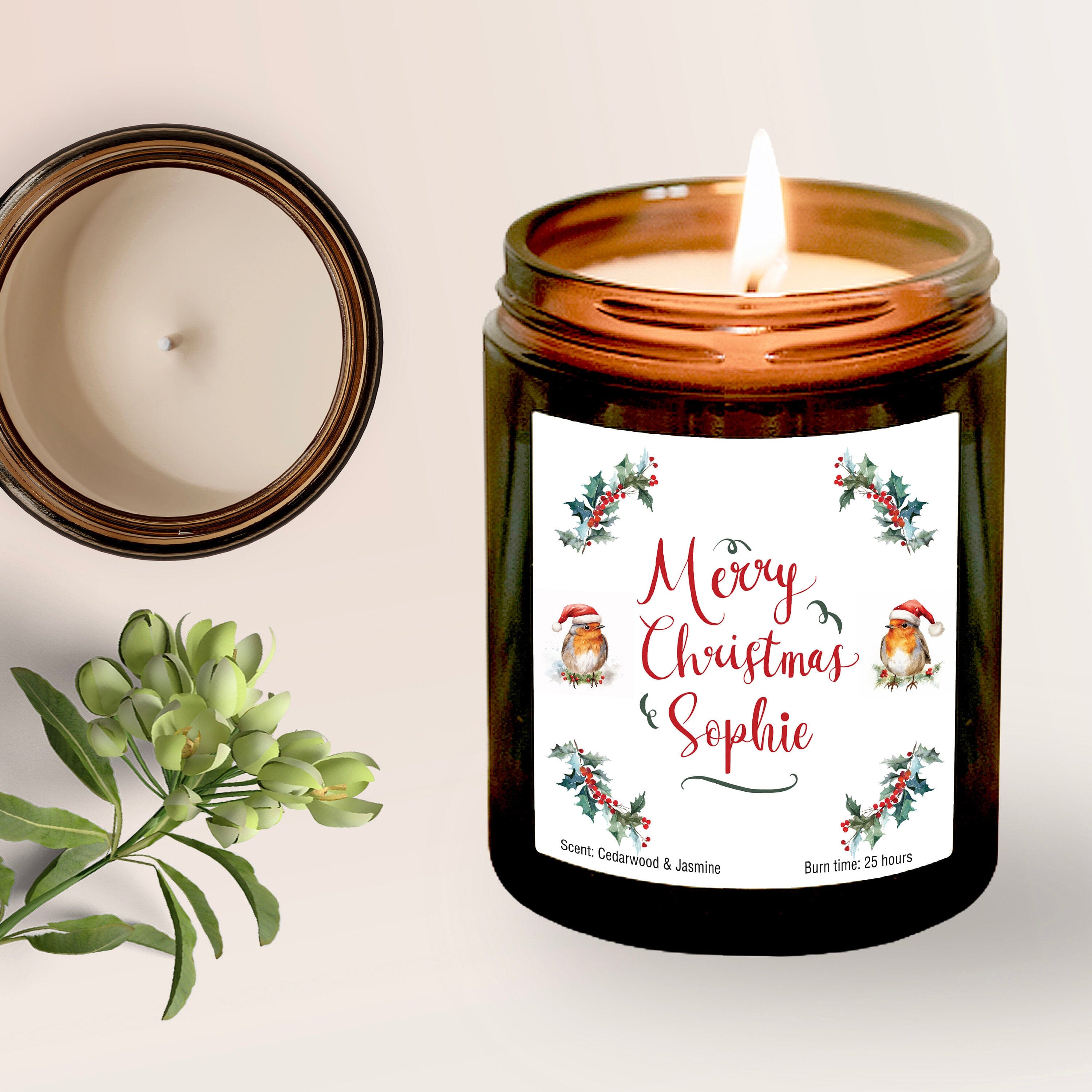 Personalised Merry Christmas Candle, Christmas Gift for Her Him, Robin with Santa Hat, 1st Xmas as a family