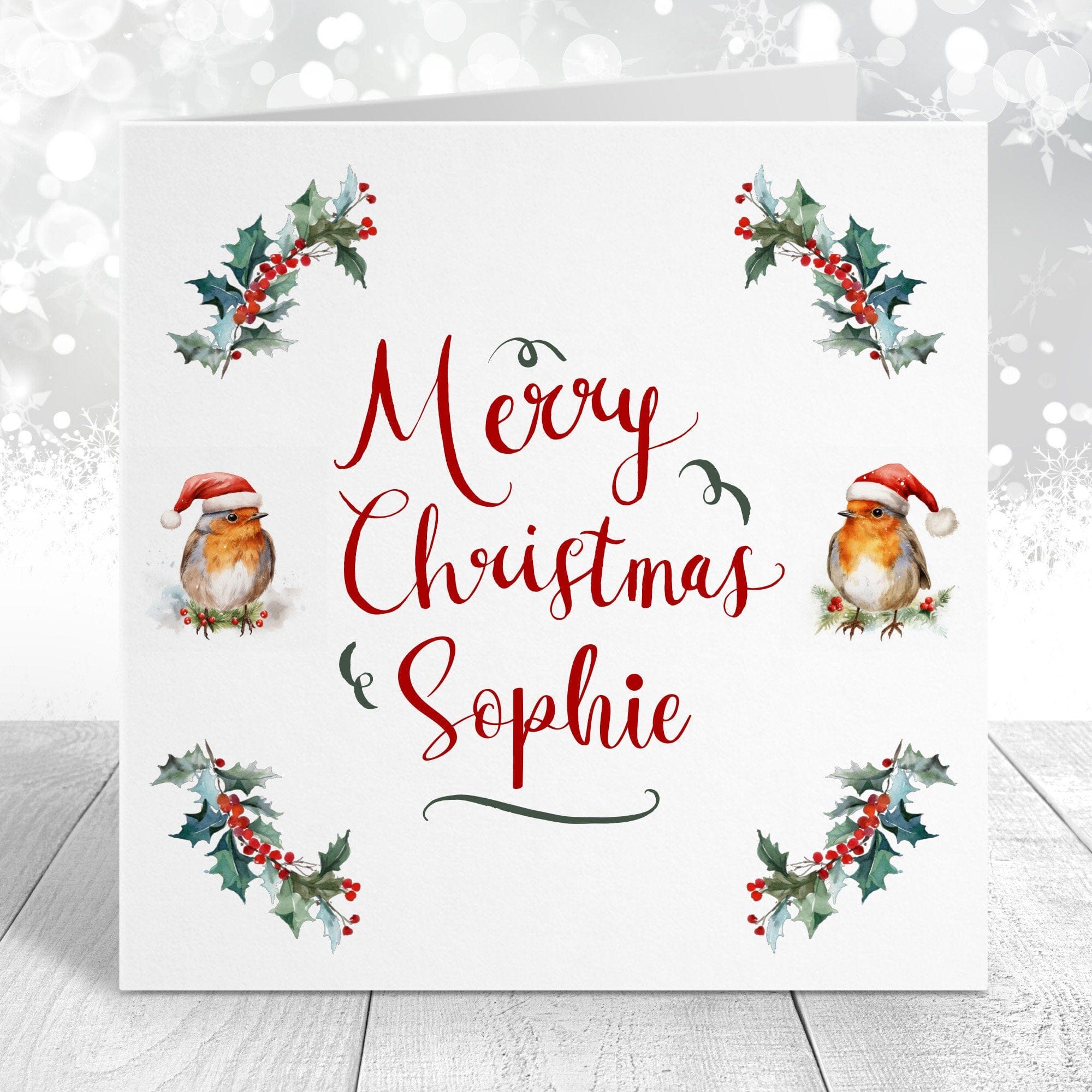 Personalised Merry Christmas Card, Cute Robin Bird with Santa Hat