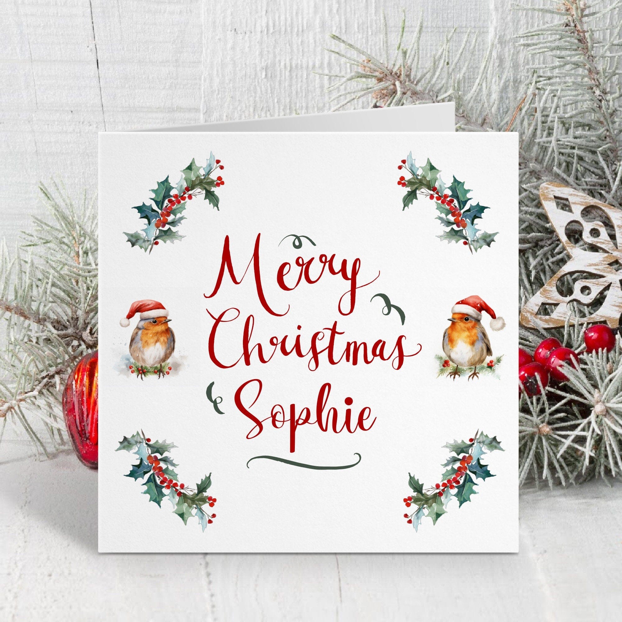 Personalised Merry Christmas Card, Cute Robin Bird with Santa Hat