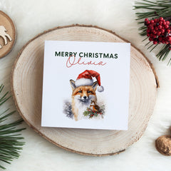 Personalised Merry Christmas Card with name, Fox and Robin with Santa Hat