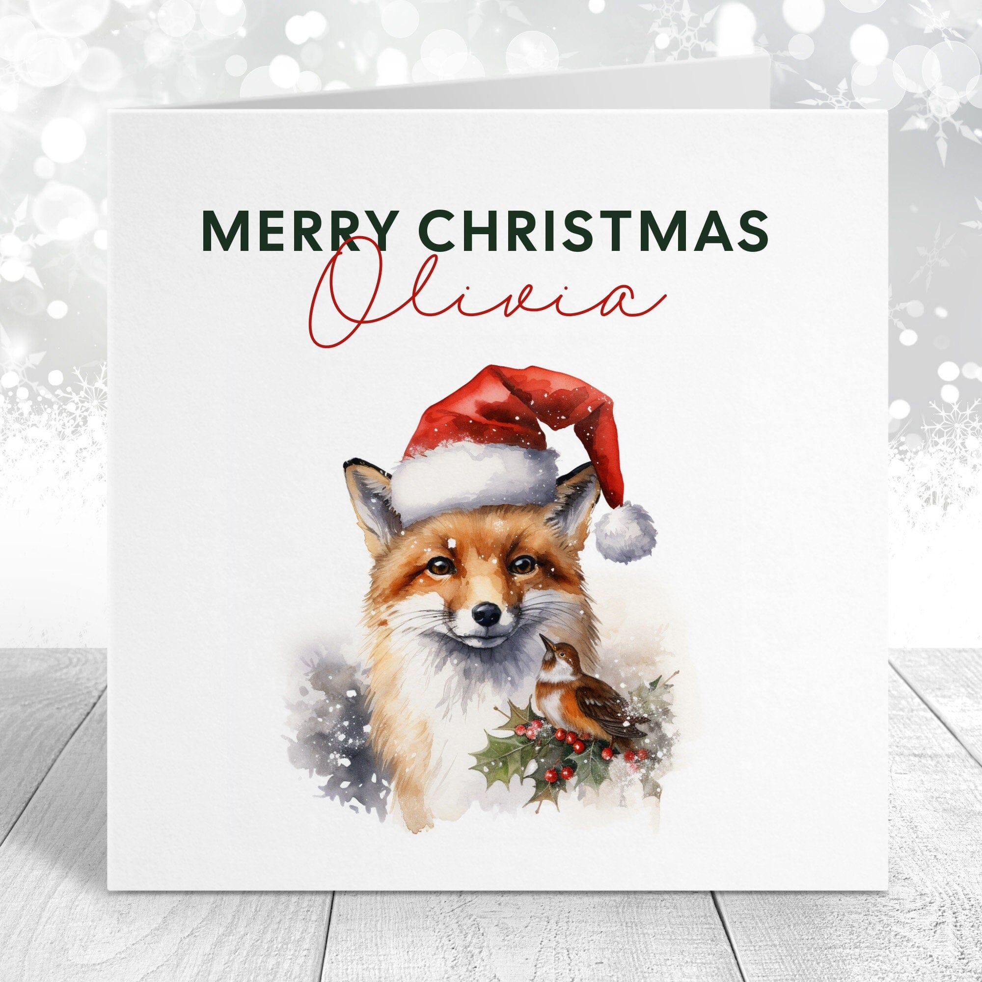 Personalised Merry Christmas Card with name, Fox and Robin with Santa Hat