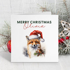 Personalised Merry Christmas Card with name, Fox and Robin with Santa Hat