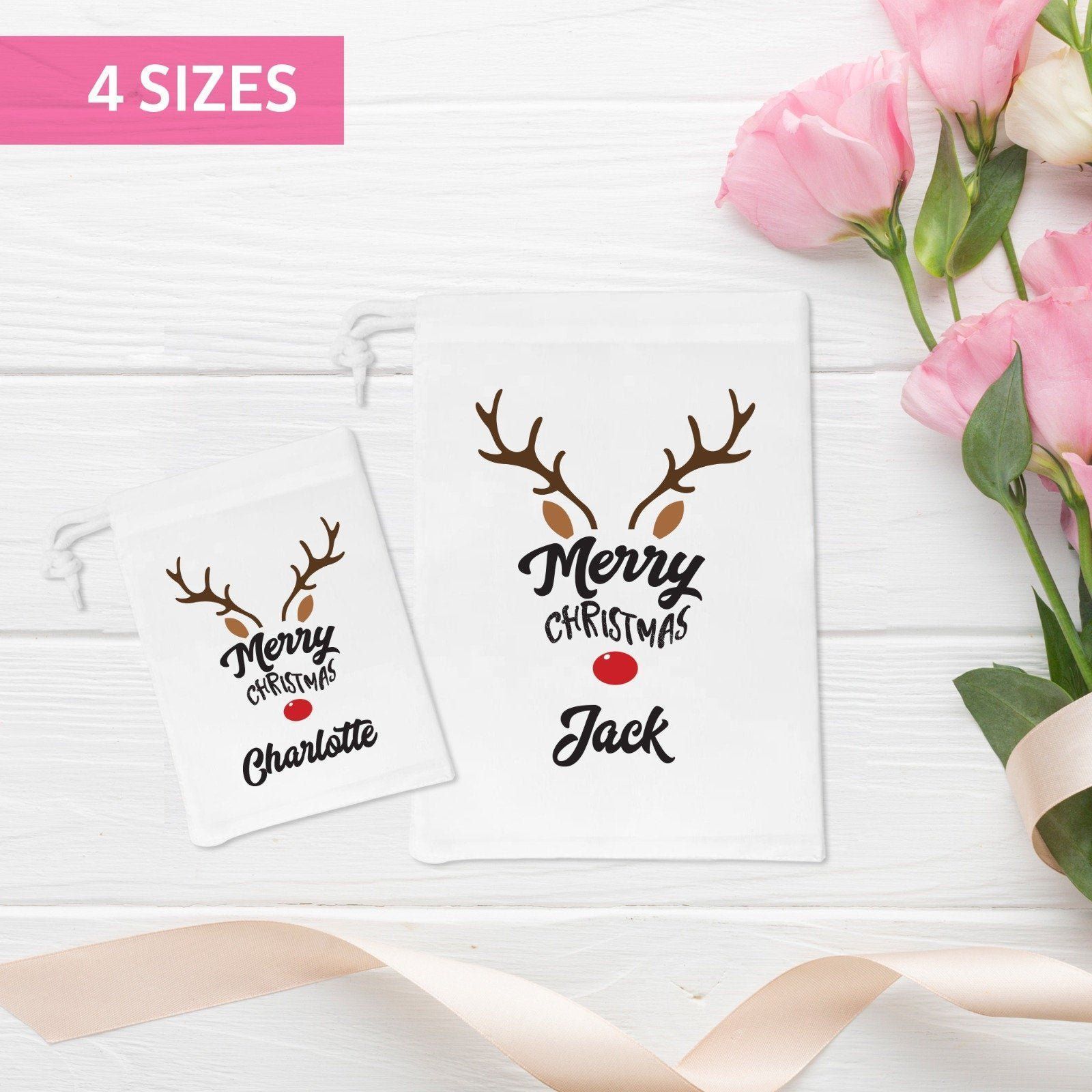 Personalised Merry Christmas drawstring bag Easy way to wrap your gifts Reindeer mini sack