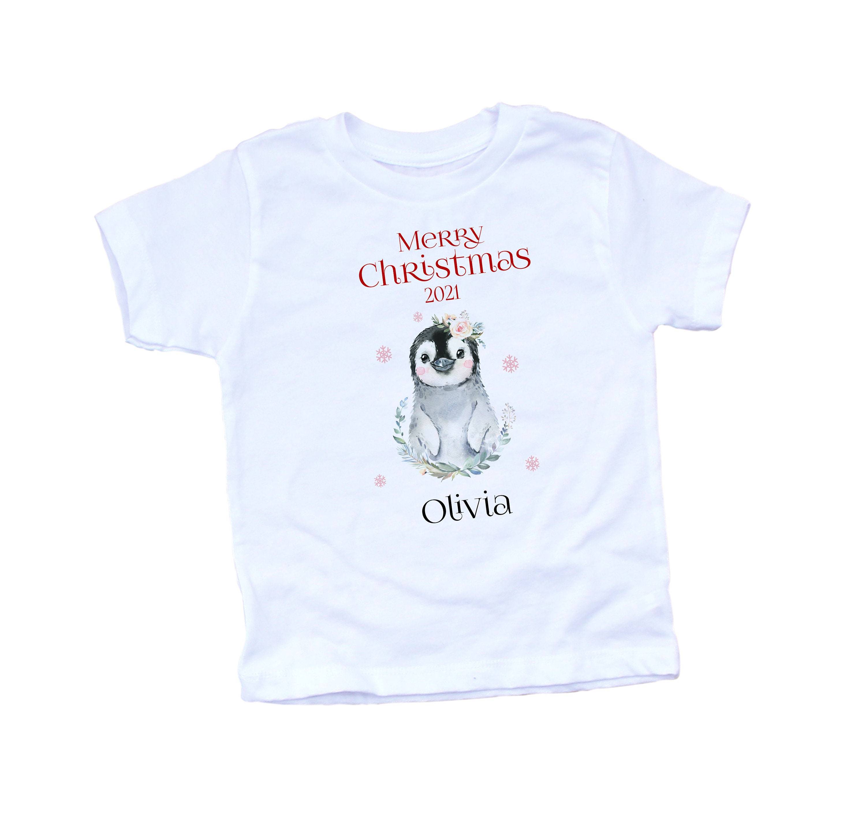 Personalised Merry Christmas Kids T-shirt And Bodysuit With Name, Penguin First Xmas Boy Girl Top