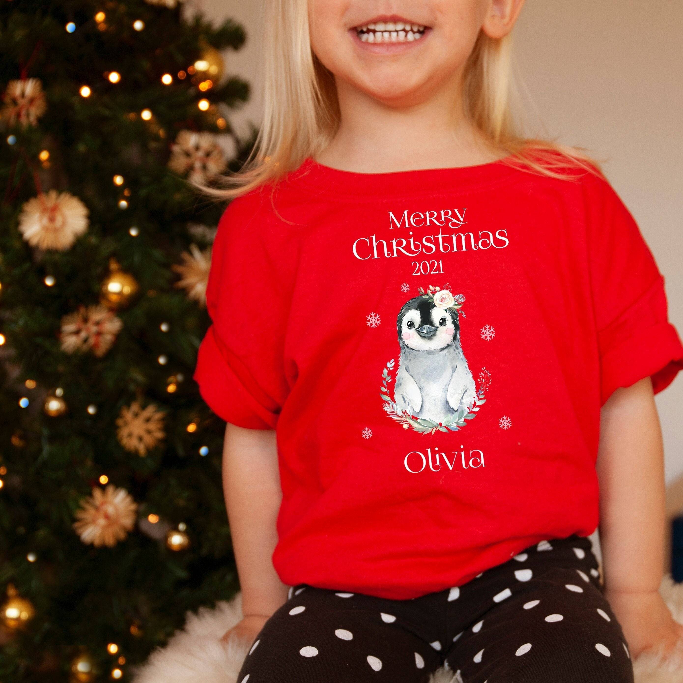 Personalised Merry Christmas Kids T-shirt And Bodysuit With Name, Penguin First Xmas Boy Girl Top