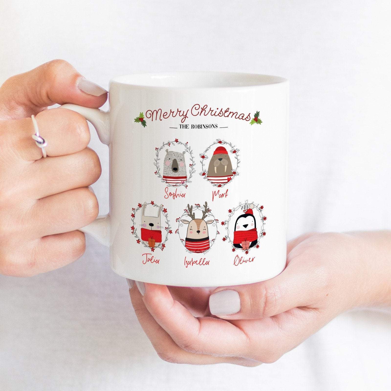 Personalised Merry Christmas mug with family name and names, Cute Christmas Gift for families