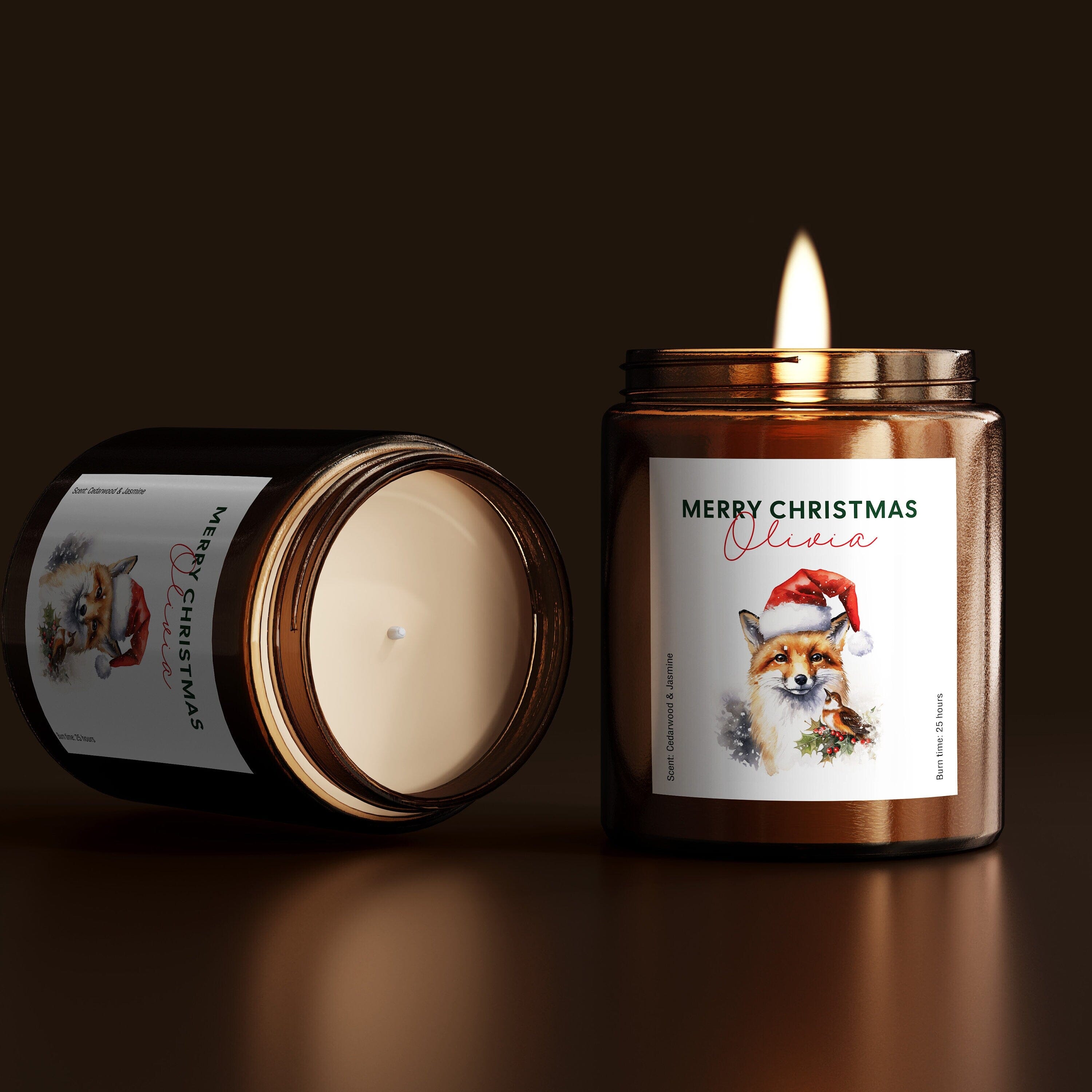 Personalised Merry Christmas Scented Candle with Fox And Robin Bird w Santa Hat, Gift for Her Him Holiday Season Cosy Gift