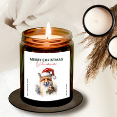 Personalised Merry Christmas Scented Candle with Fox And Robin Bird w Santa Hat, Gift for Her Him Holiday Season Cosy Gift