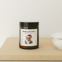 Personalised Merry Christmas Scented Candle with Fox And Robin Bird w Santa Hat, Gift for Her Him Holiday Season Cosy Gift