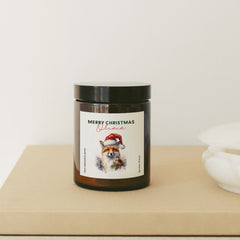 Personalised Merry Christmas Scented Candle with Fox And Robin Bird w Santa Hat, Gift for Her Him Holiday Season Cosy Gift