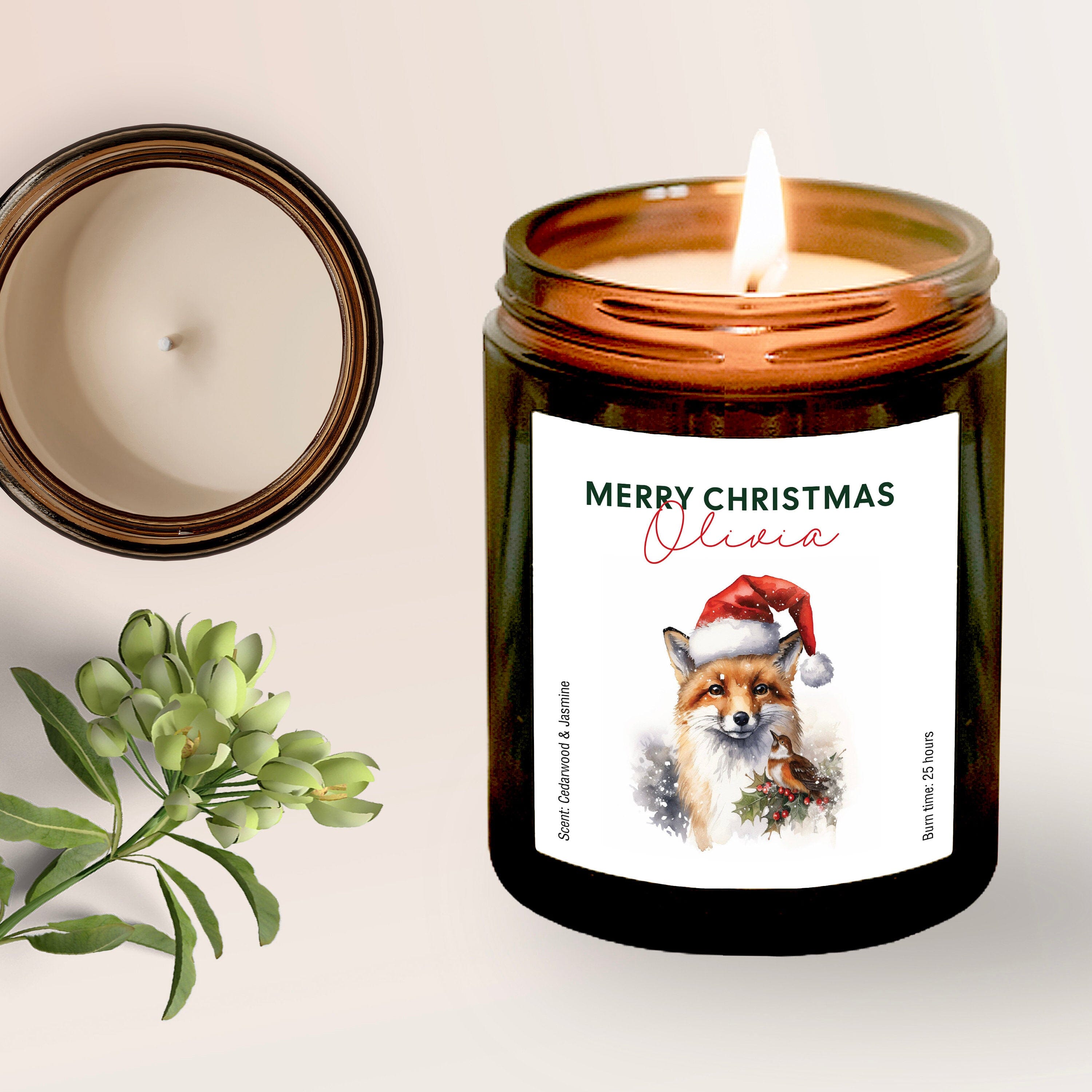 Personalised Merry Christmas Scented Candle with Fox And Robin Bird w Santa Hat, Gift for Her Him Holiday Season Cosy Gift