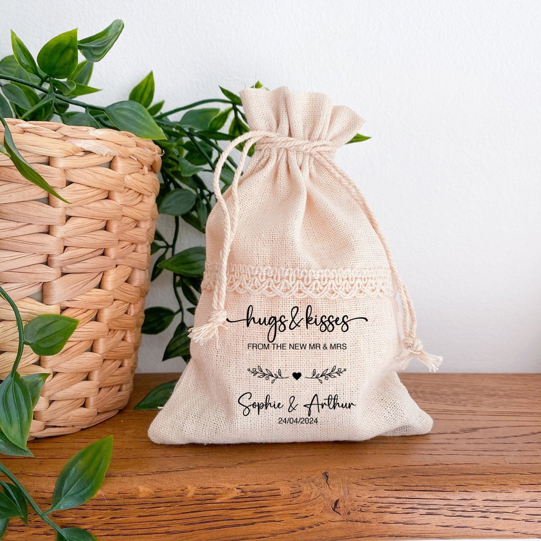 Personalised Mini Cotton Sacks, Wedding Favour, Hugs And Kisses From The New Mr And Mrs, Engagement Favours