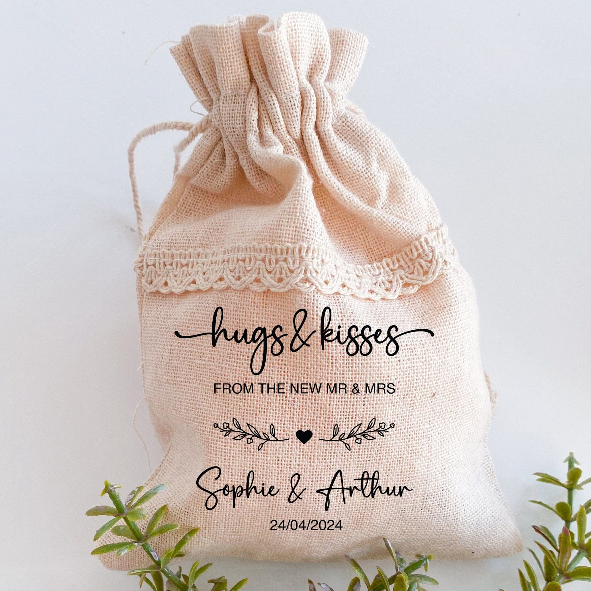 Personalised Mini Cotton Sacks, Wedding Favour, Hugs And Kisses From The New Mr And Mrs, Engagement Favours