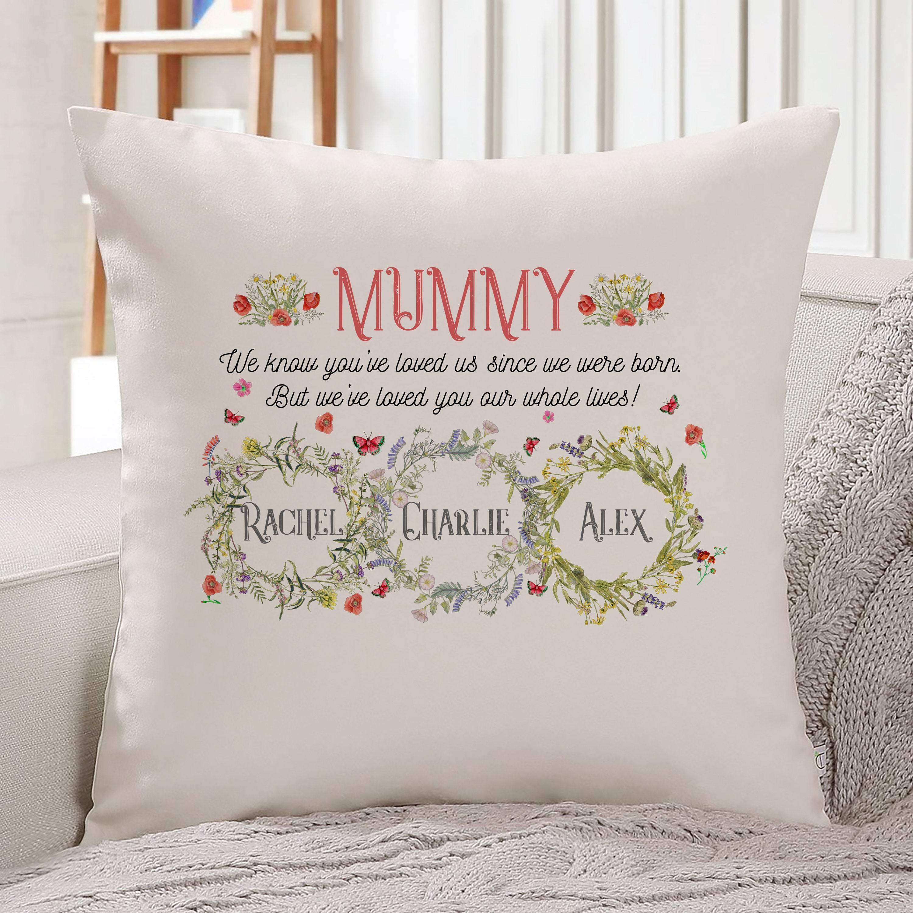 Personalised Mother's Day Gift with child names, Mummy belongs to cushion cover, Gift for Mum