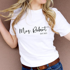 Personalised Mrs T-Shirt With Last Name And Established Date, Gift For Bride, Future Mrs Shirt