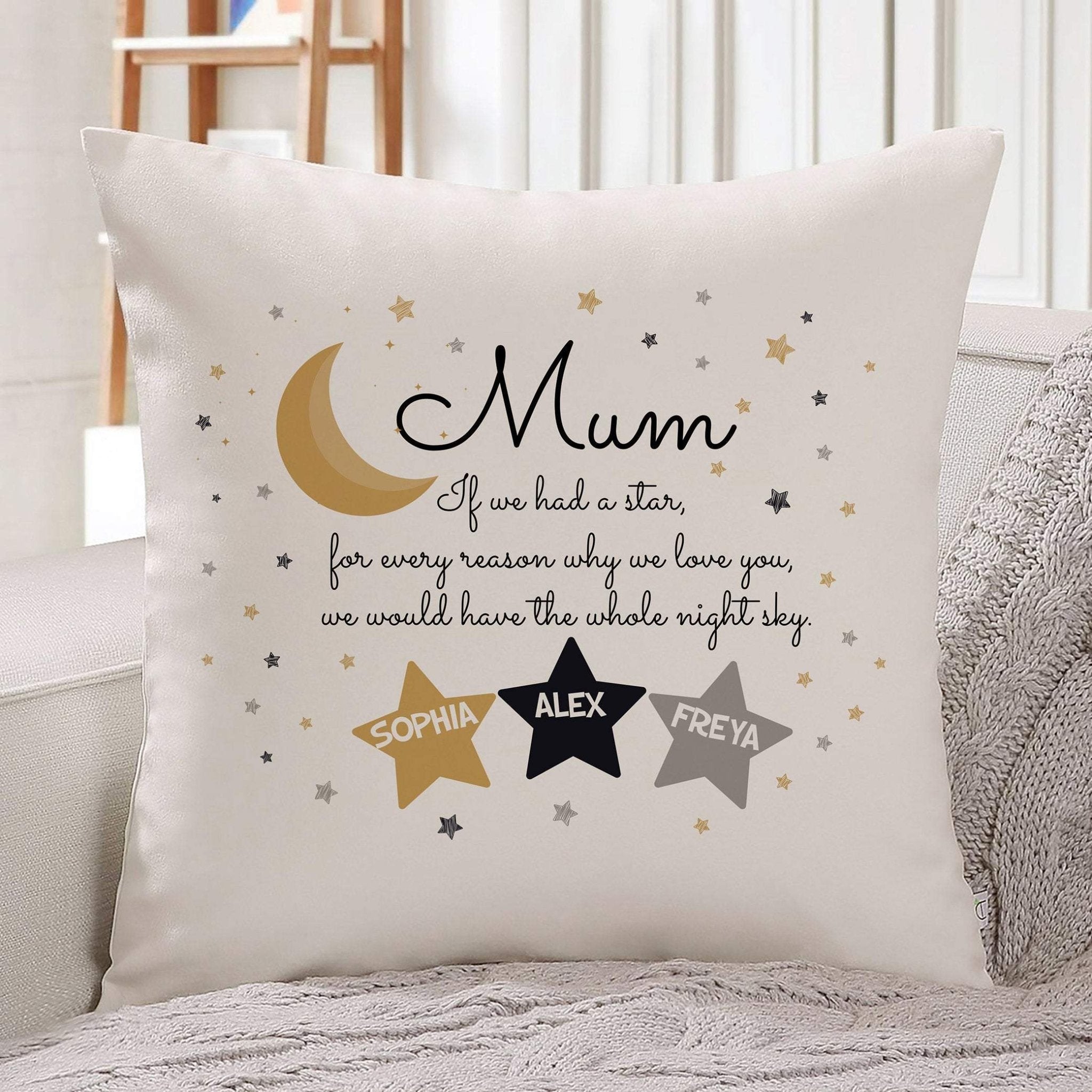 Personalised mum cushion with children names, Little stars, Mother's Day Gift with names