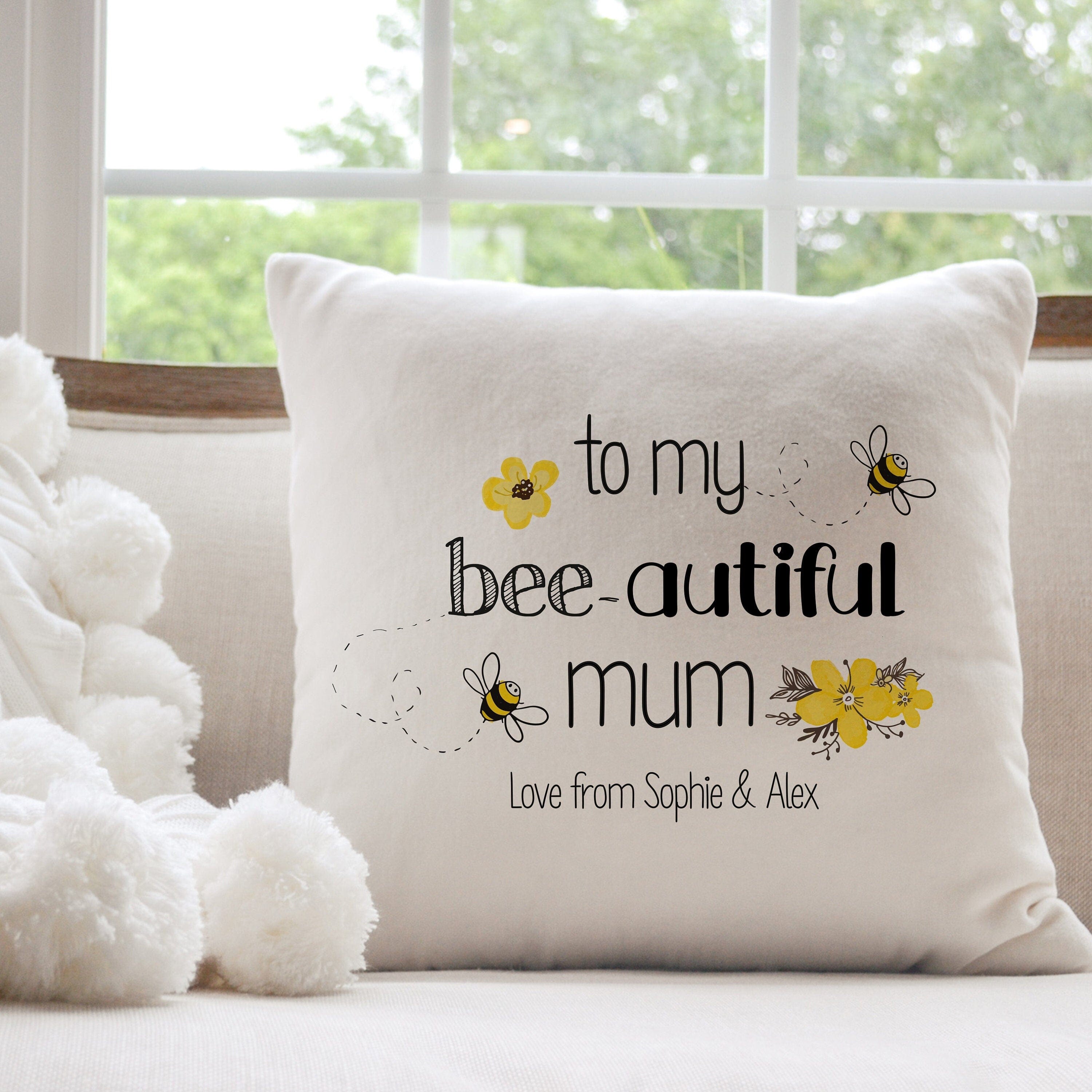 Personalised Mum Cushion With Children Names, To My Bee-Autiful Mum Pillow, Cute Mother'S Day Gift
