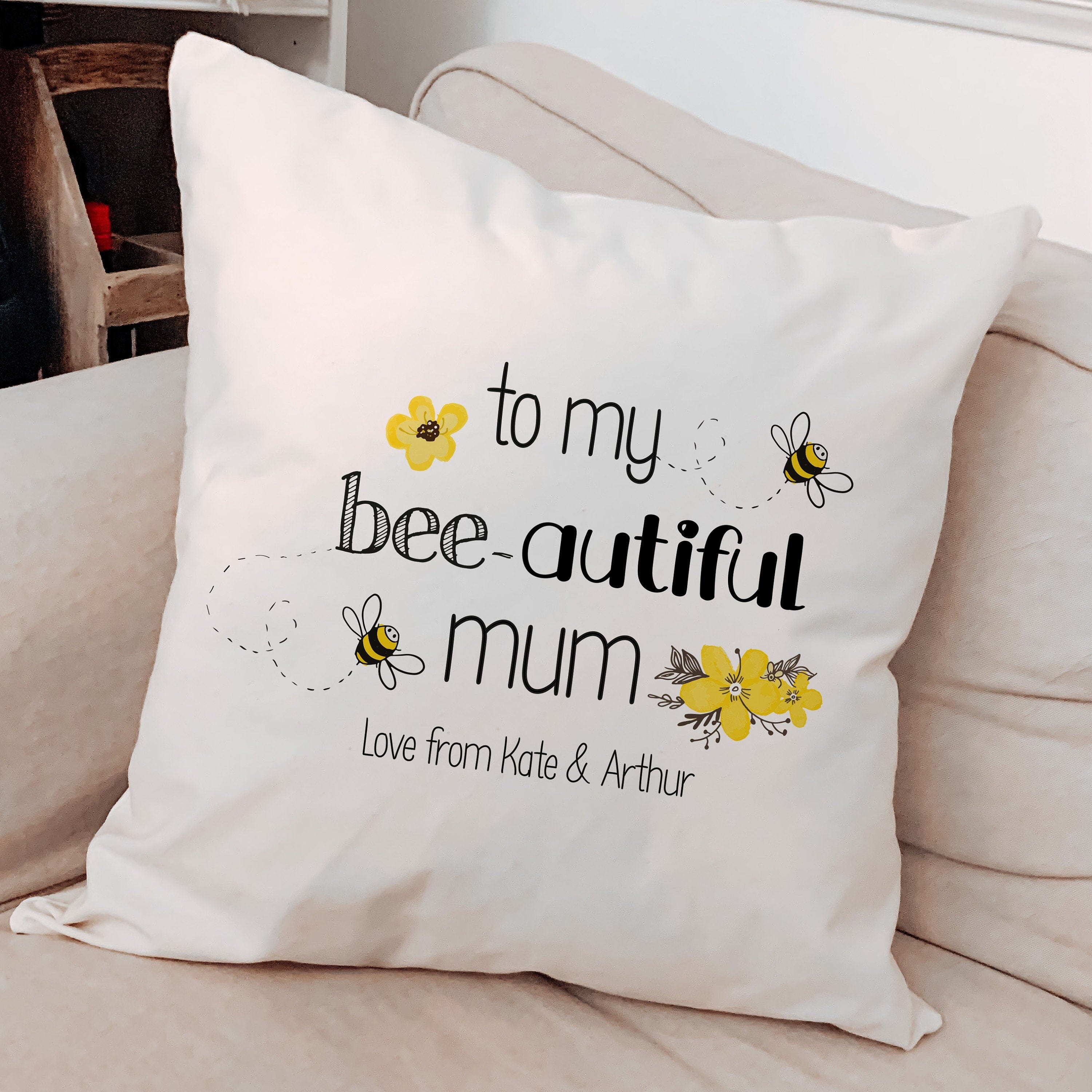 Personalised Mum Cushion With Children Names, To My Bee-Autiful Mum Pillow, Cute Mother'S Day Gift