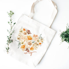 Personalised mum nanny name tote bag, Flower heart Shopping or knitting bag, Gift for her mum