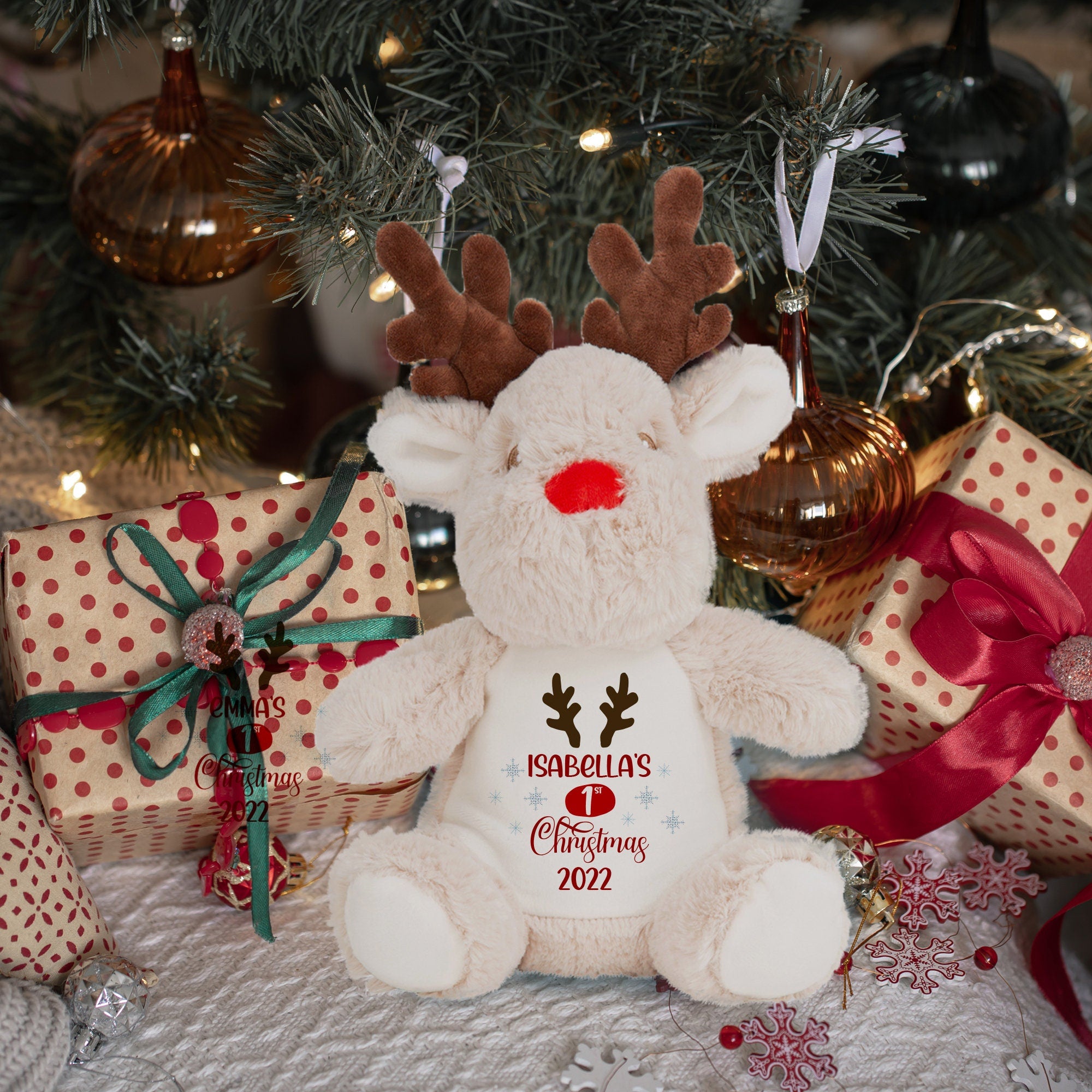 Personalised My First Christmas 2022 Reindeer Soft Toy, Baby Girl Boy 1St Xmas Teddy