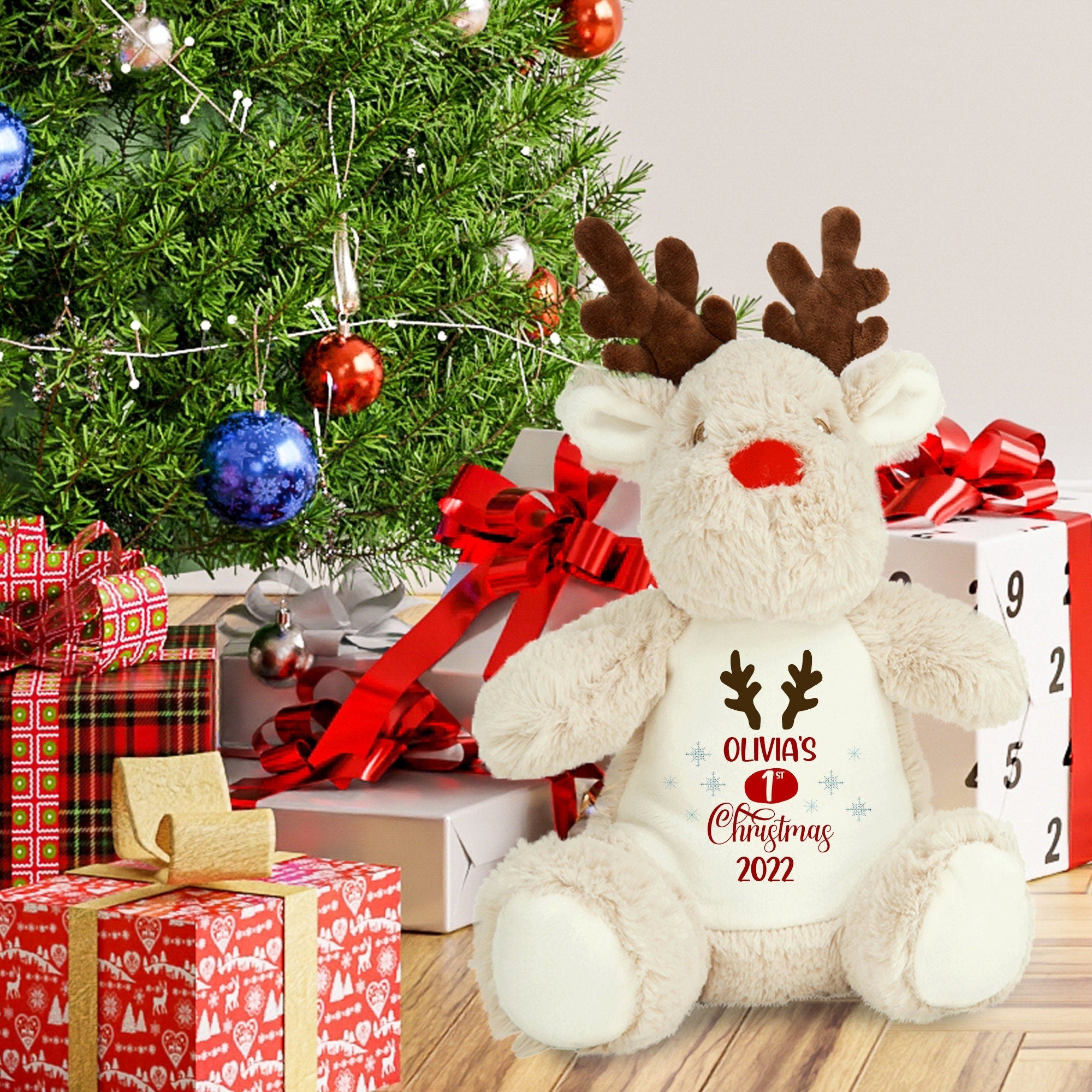 Personalised My First Christmas 2022 Reindeer Soft Toy, Baby Girl Boy 1St Xmas Teddy