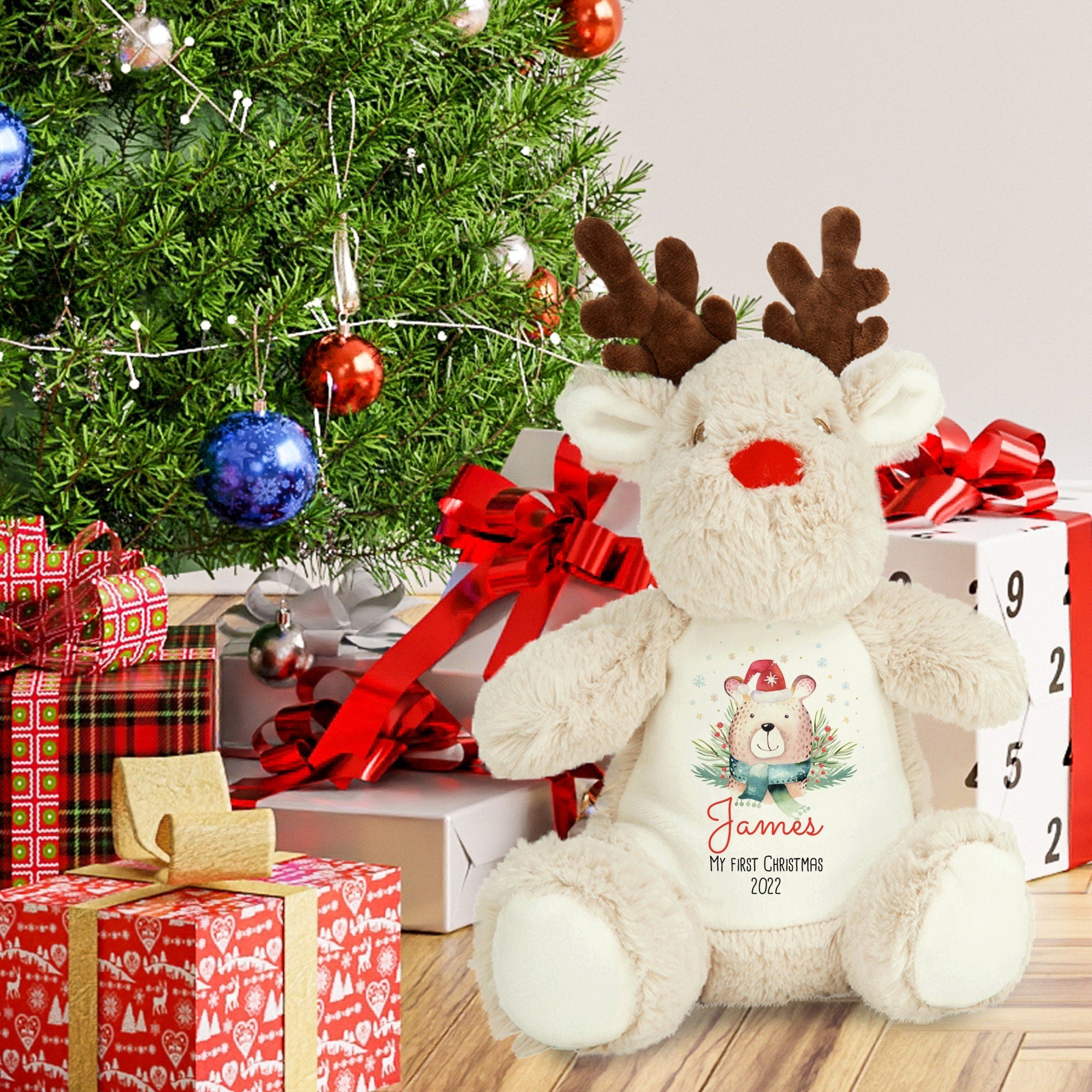 Personalised My First Christmas Soft Toy, 1St Xmas, Cute Reindeer, Teddy Plush