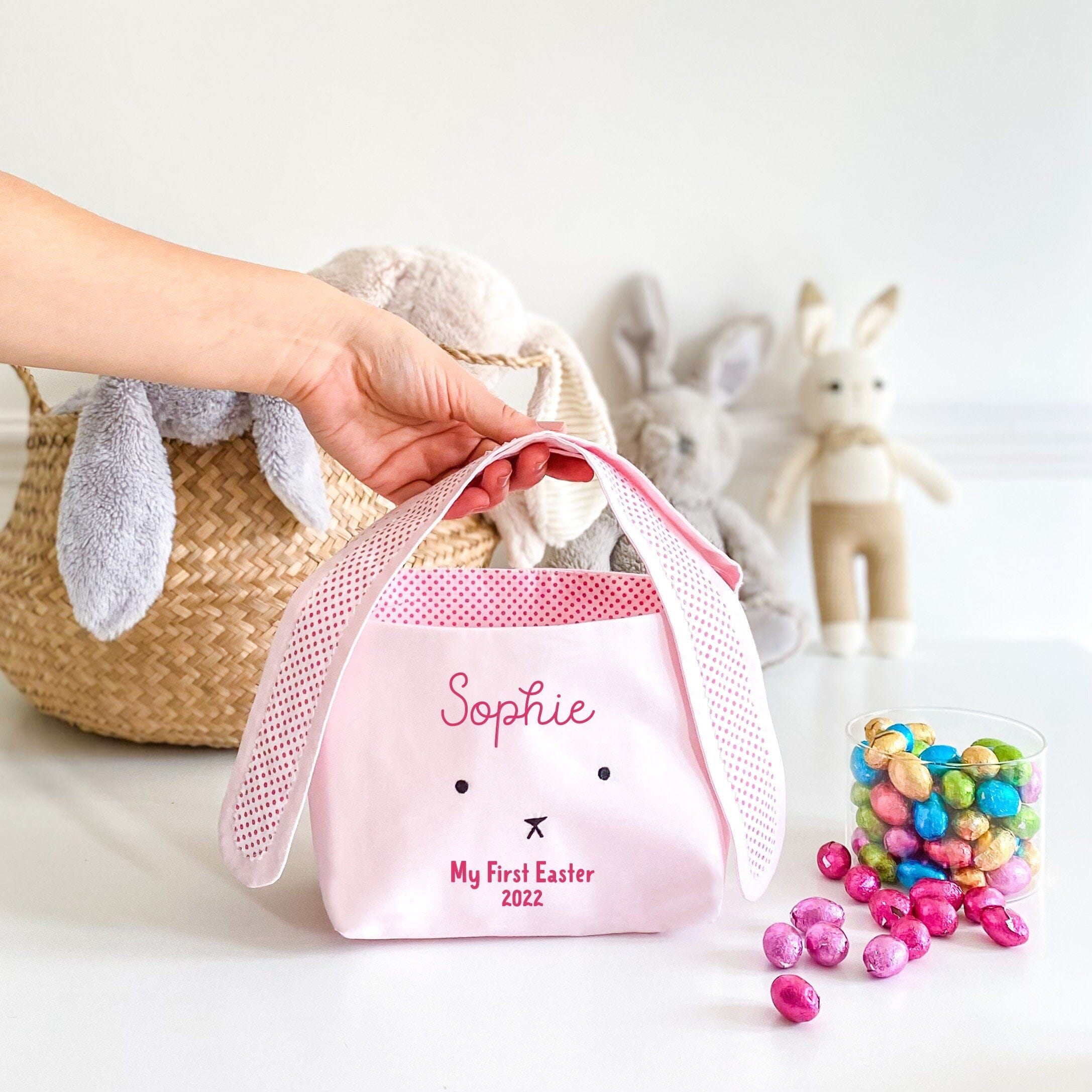 Personalised My First Easter basket with long ears, Pink or blue cotton egg hunt bag, Easter decoration