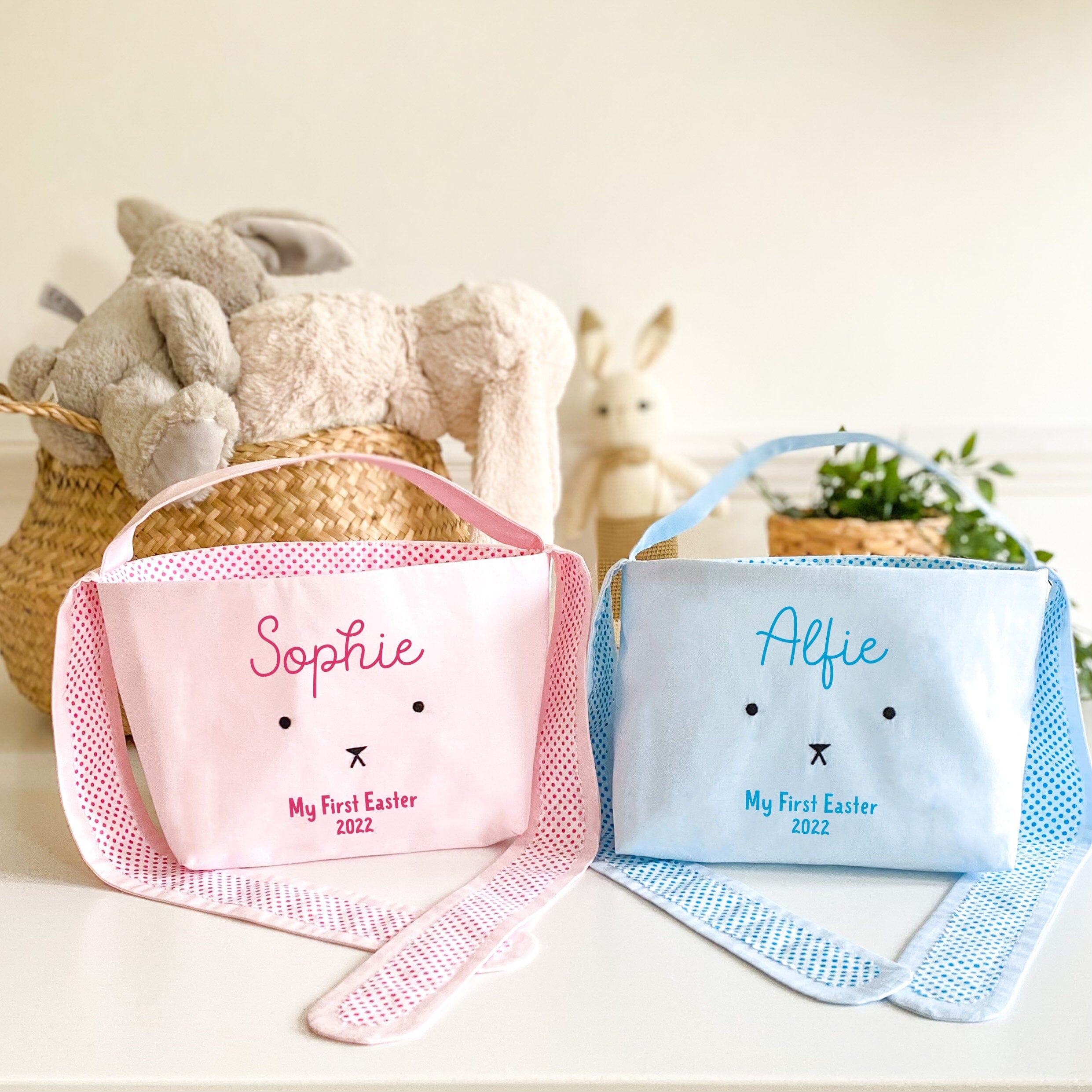 Personalised My First Easter basket with long ears, Pink or blue cotton egg hunt bag, Easter decoration